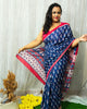 Mulmul Cotton Saree Royal Blue Color Handblock Printed with contrast blouse - IndieHaat