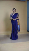 Silk Linen Plain Saree Dark Blue Color with contrast border and attached Running Blouse-Indiehaat