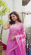 Pure Cotton Kota Doria Saree Rose Pink Color Jaal Embroidery with running blouse - IndieHaat