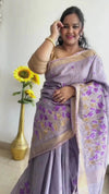 IndieHaat | Banswara Silk Lavendar Saree Digital Embroidery Lotus Design Running Blouse