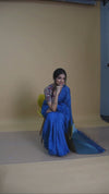 Silk Linen Plain Saree Sky Blue Color with contrast border and attached Running Blouse-Indiehaat