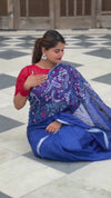 Pure Linen Handloom Saree Blue Color Hand Embroidered with Running Blouse-Indiehaat