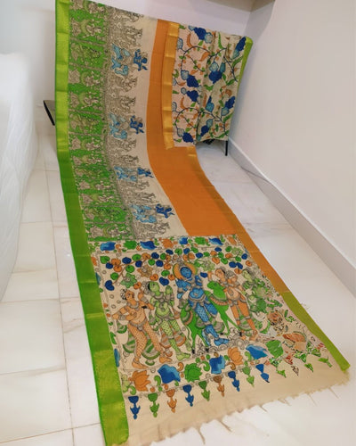 Indiehaat | Mangalagiri Handpainted Silk Saree Beige