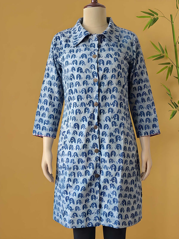 Avaran Roop Pure Cotton Blockprint Winter Jacket Light Blue