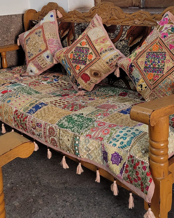 Indiehaat|Kambadiya Beige Sofa Throw & Cushion Cover|Elegant DÃƒÂ©cor