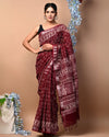 Elegant Block Printed Slub Linen Saree Dark Red