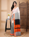 Indiehaat | Mulmul Cotton Off White Saree Contrast Pallu