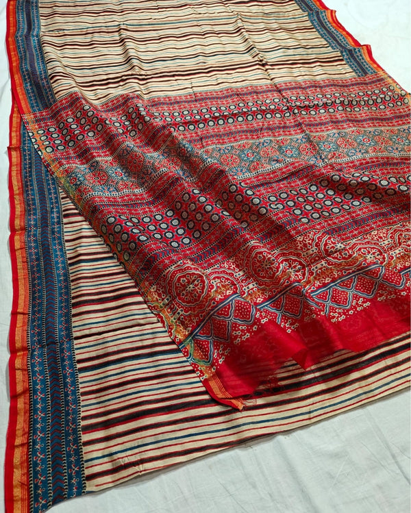 Indiehaat | Chanderi Silk Ajrakh Print Saree Beige
