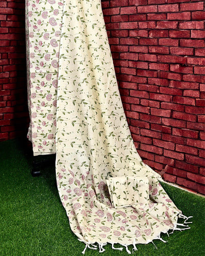 Indiehaat | Khadi Silk Beige Suit Printed Top+Bottom+Dupatta