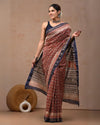 Indiehaat | Maheshwari Silk Saree Dark Red Color Bagru Handblock Printed with Running Blouse (Silk by Silk)