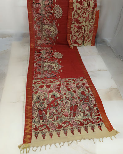 Indiehaat | Mangalagiri Handpainted Silk Saree Red