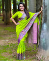 Indiehaat | Soft Silk Contrast Zari Woven Green Saree