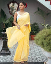 Indiehaat | Mul Cotton Plain Saree Yellow with Tassel