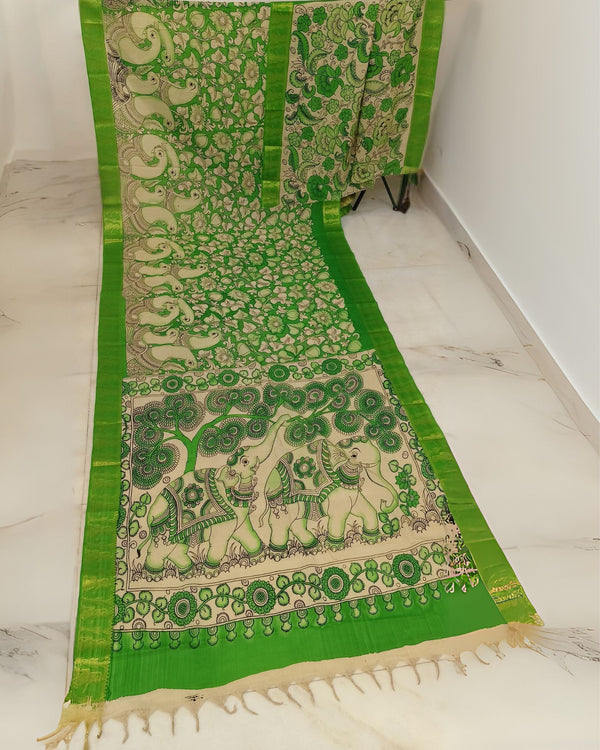 Indiehaat | Mangalagiri Handpainted Silk Saree Green