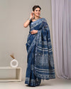 Indiehaat | Linen Saree Indigo Color Kalamakari Handblock Printed With Running Blouse