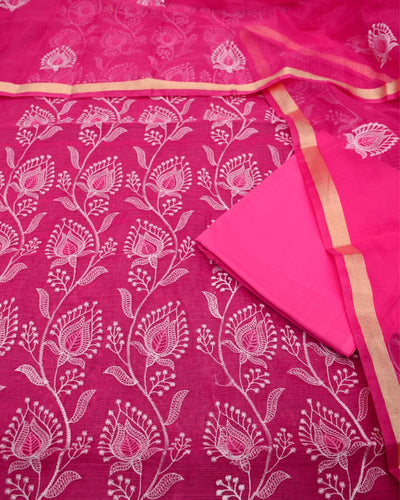 Indiehaat|Kota Doria Embroidered Pink Suits(Top+Bottom+Dupatta)
