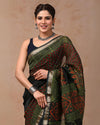 Indiehaat | Maheshwari Silk Saree Black Color Bagru Handblock Printed with Running Blouse (Silk by Silk)