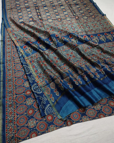Indiehaat | Ajrakh Printed Chanderi Silk Saree Blue | Serenity in Silk
