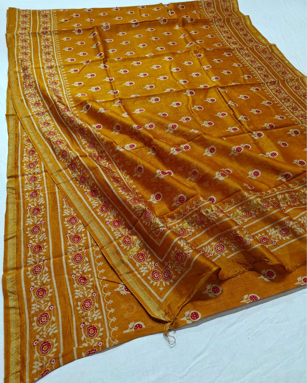 Indiehaat | Chanderi Silk Ajrakh Print Saree Yellow