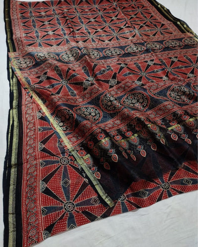 Indiehaat | Chanderi Silk Ajrakh Print Saree Red