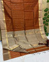 Indiehaat | Pure Maheshwari Silk Kosa Pallu Brown Saree