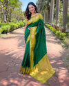 Indiehaat | Soft Silk Floral Border Contrast Zari Woven Green Saree