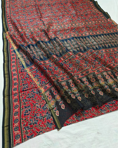 Indiehaat | Chanderi Silk Ajrakh Print Saree Red