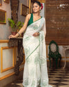 Indiehaat | Mul Cotton Printed Saree White & Green