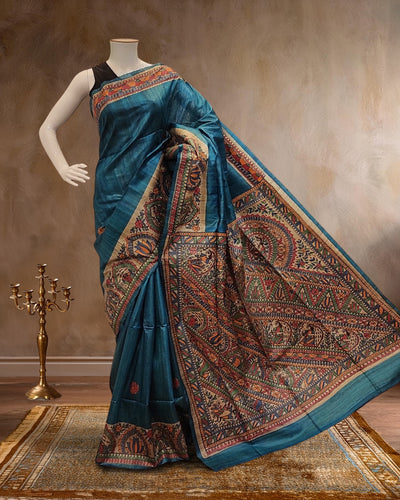 Indiehaat | Madhubani Handpainted Tussar Silk Blue Saree