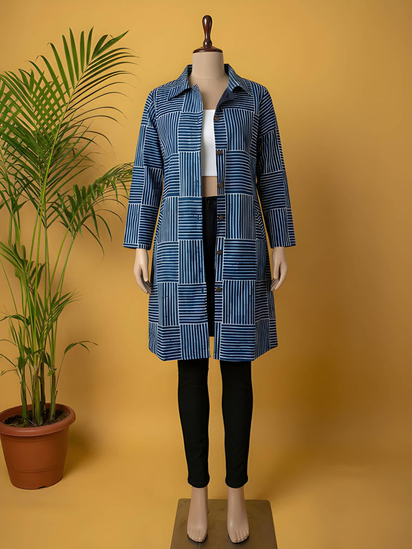 Avaran Roop Pure Cotton Blockprint Winter Jacket Indigo Blue