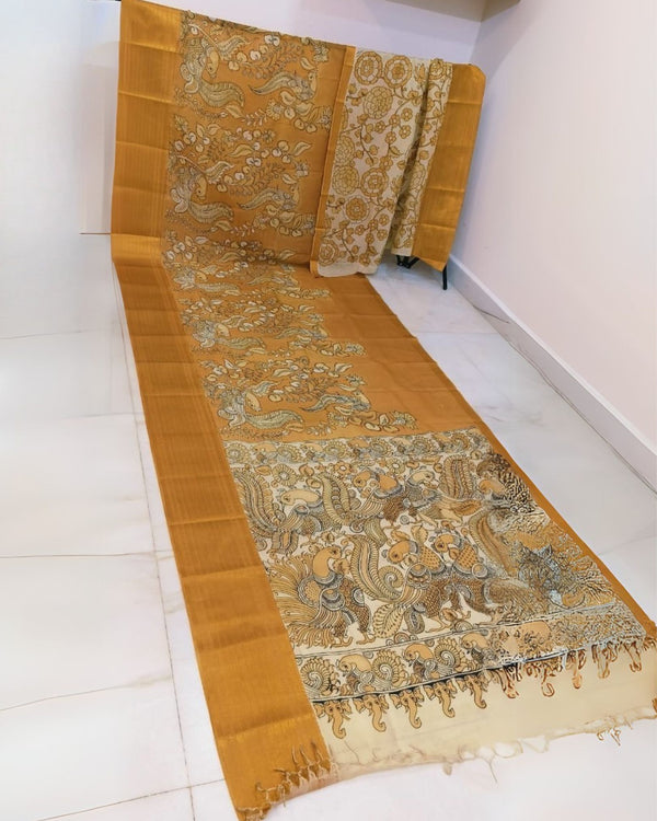 Indiehaat | Mangalagiri Handpainted Silk Saree Yellow