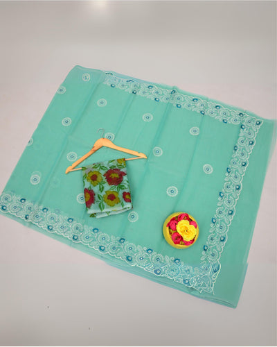Indiehaat | Kota Doria Embroidered Green Saree | Mesmerizing
