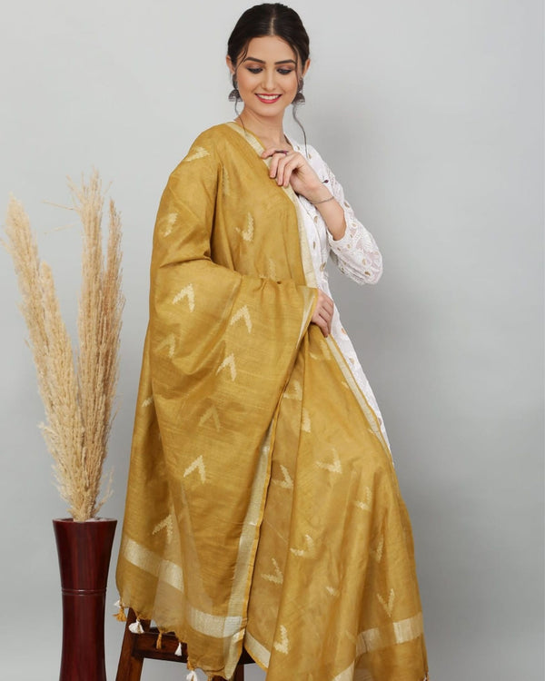 Indiehaat | Pure Cotton Mustard Ikkat Dupatta