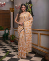 Indiehaat | Mul Cotton Printed Saree Yellow & White