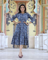 IndieHaat | Cotton One Piece Indigo Blue Frill Dress Handblock Print Ajrakh Dabu Size 38 to 48