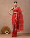 Indiehaat | Maheshwari Silk Saree Red Color Bagru Handblock Printed with Running Blouse (Silk by Silk)