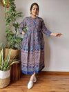 Indiehaat | Cotton Long One Piece Dress Blue Color Bagru Hand Printed Size 36 to 46