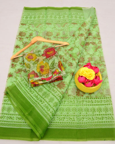 Moss Green Kota Doria Kalamkari Saree|Blouse Piece|Indiehaat