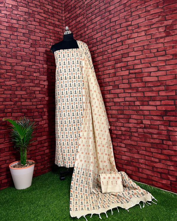 Indiehaat | Khadi Silk Beige Suit Warli Print Top+Bottom+Dupatta