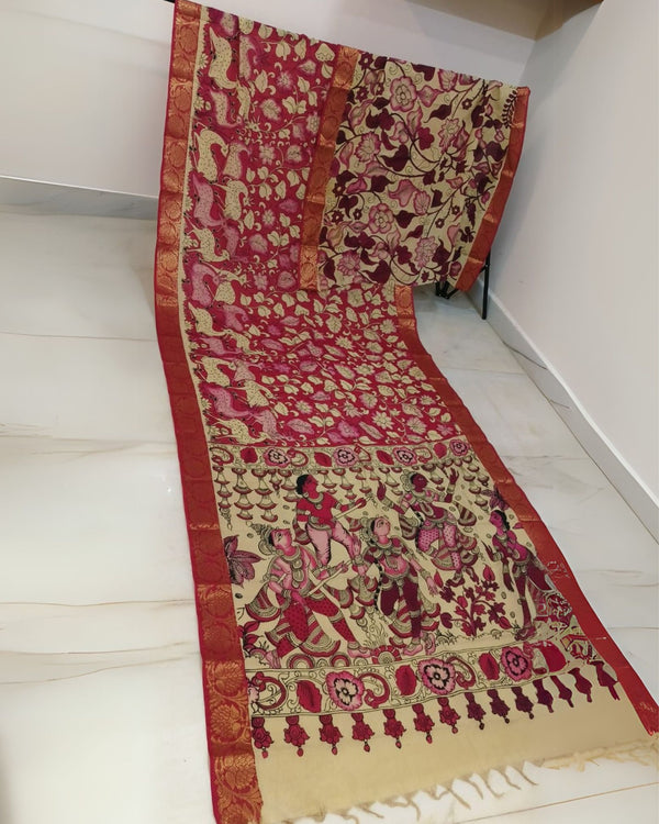 Indiehaat | Mangalagiri Handpainted Silk Saree Red