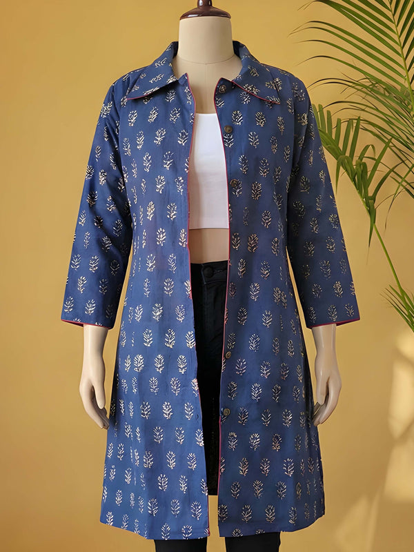 Avaran Roop Pure Cotton Blockprint Winter Jacket Slate Blue