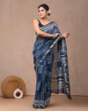 Indiehaat | Maheshwari Silk Saree Indigo Color Bagru Handblock Printed with Running Blouse (Silk by Silk)