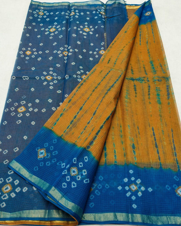 Indiehaat | Kota Cotton Bandhej Shibori Saree Brown & Blue