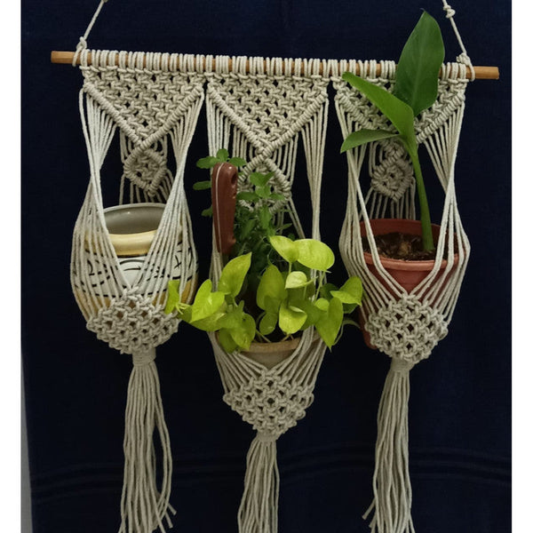 3 Pocket Macrame White Plant Hanger-Indiehaat
