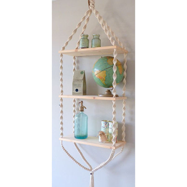 Macrame Triple White Plant Hanger  With Pine Wood-Indiehaat