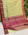 Pure Maheshwari Handwoven Tissue Silk Saree Pale Olive Yellow Color with running blouse - IndieHaat