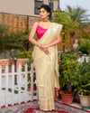 Kanjivaram Silk Saree Beige Color with running blouse - IndieHaat