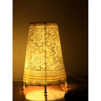 Indiehaat | Flower Kalamkari Handpainted Standing Round Leather Lamp | 9 Inch