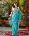 Pure Cotton Kota Doria Saree Turquoise Blue Color Jaal Embroidery with running blouse - IndieHaat