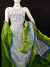 Kota Doria Green Suit Material Handblock Printed with Zari Border Dupatta-Indiehaat
